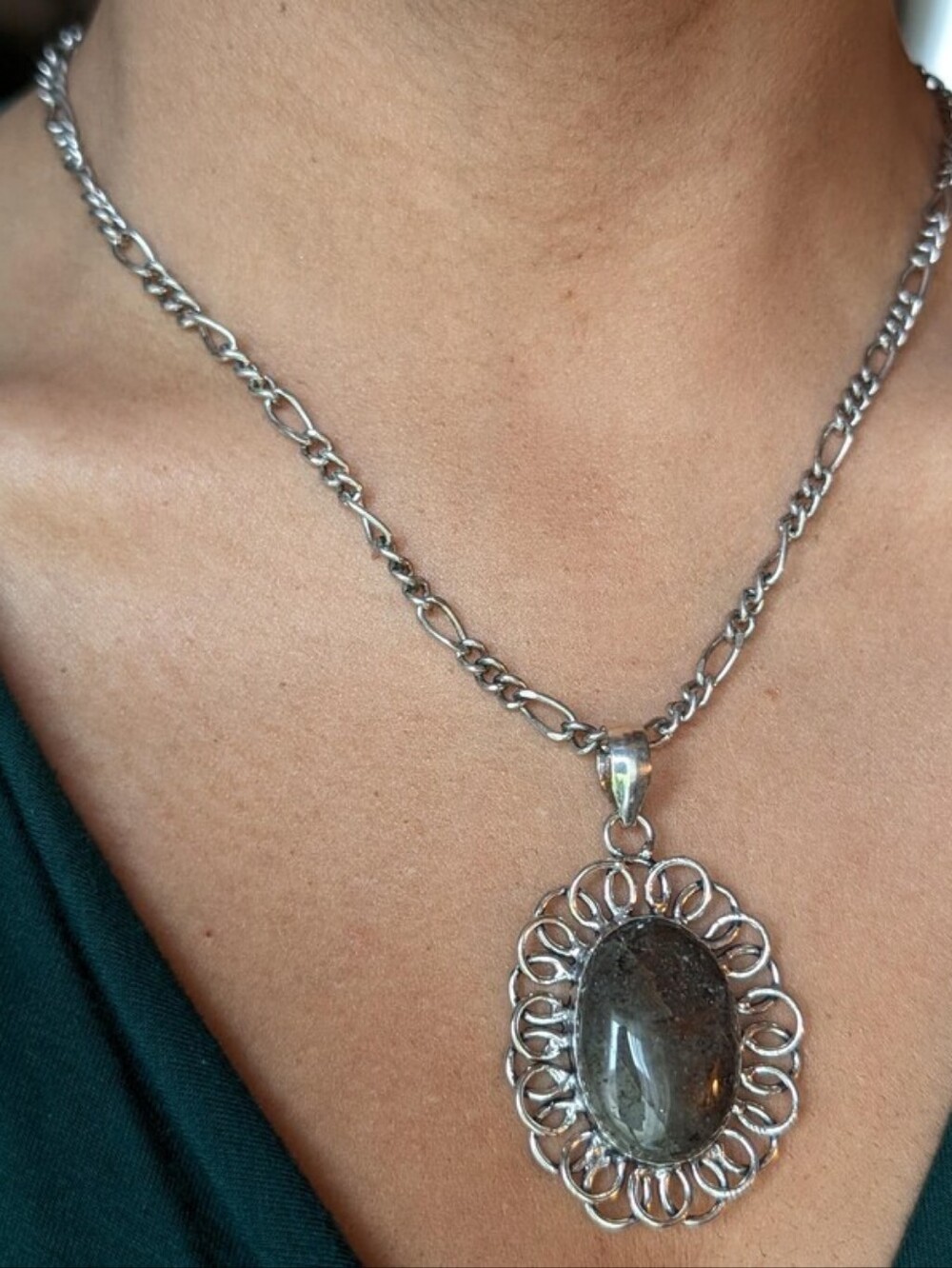 Sterling Silver Moss Agate Pendant on Reworked Vintage Chain